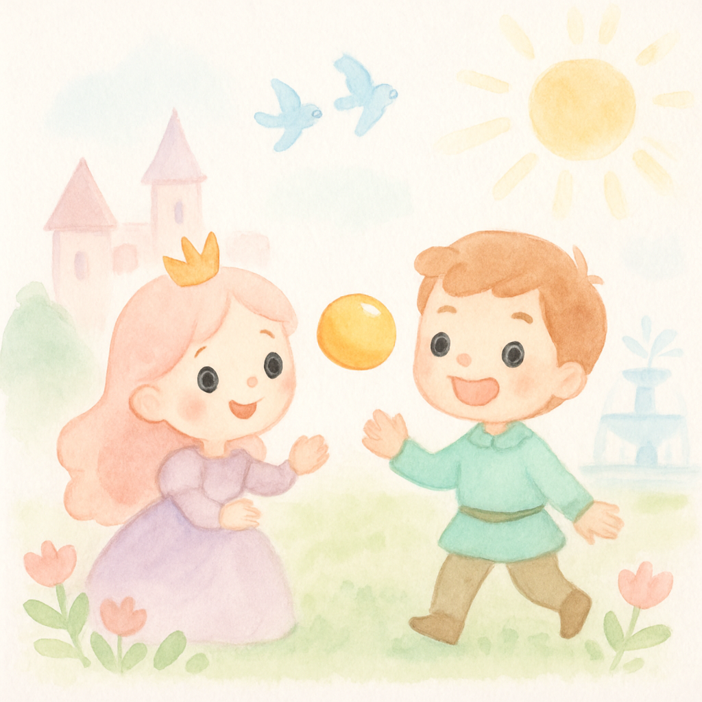 왕궁 정원에서 공주와 왕자가 함께 금색 공을 가지고 행복하게 노는 장면